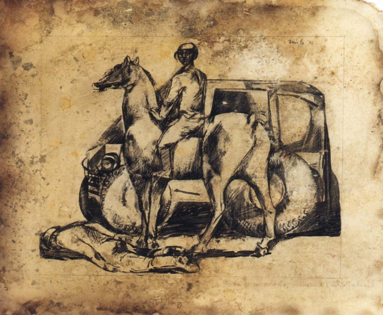 La storia di un soldato, Studio per le poesie di Emilio Tadini, studio di figure per azione narrativa (disegno) di Fo, Dario (XX)