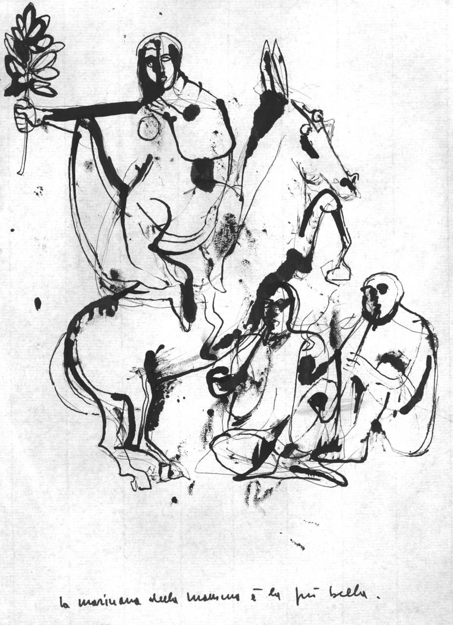 donna a cavallo con pianta di Cannabis, studio per manifesto (disegno) di Fo, Dario (XX)