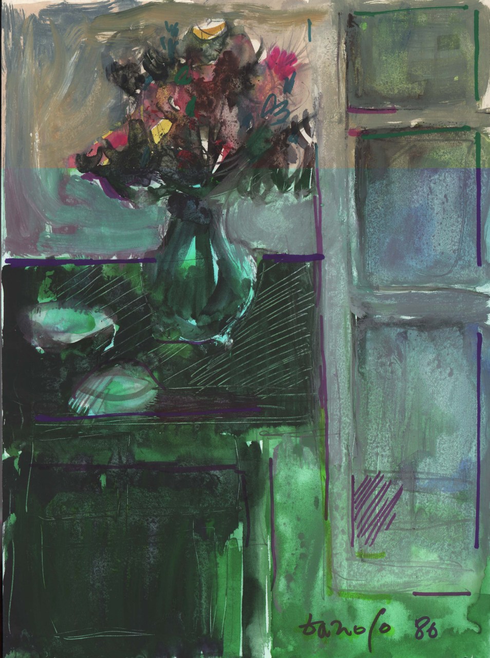 natura morta: vaso con fiori (dipinto) di Fo, Dario (XX)