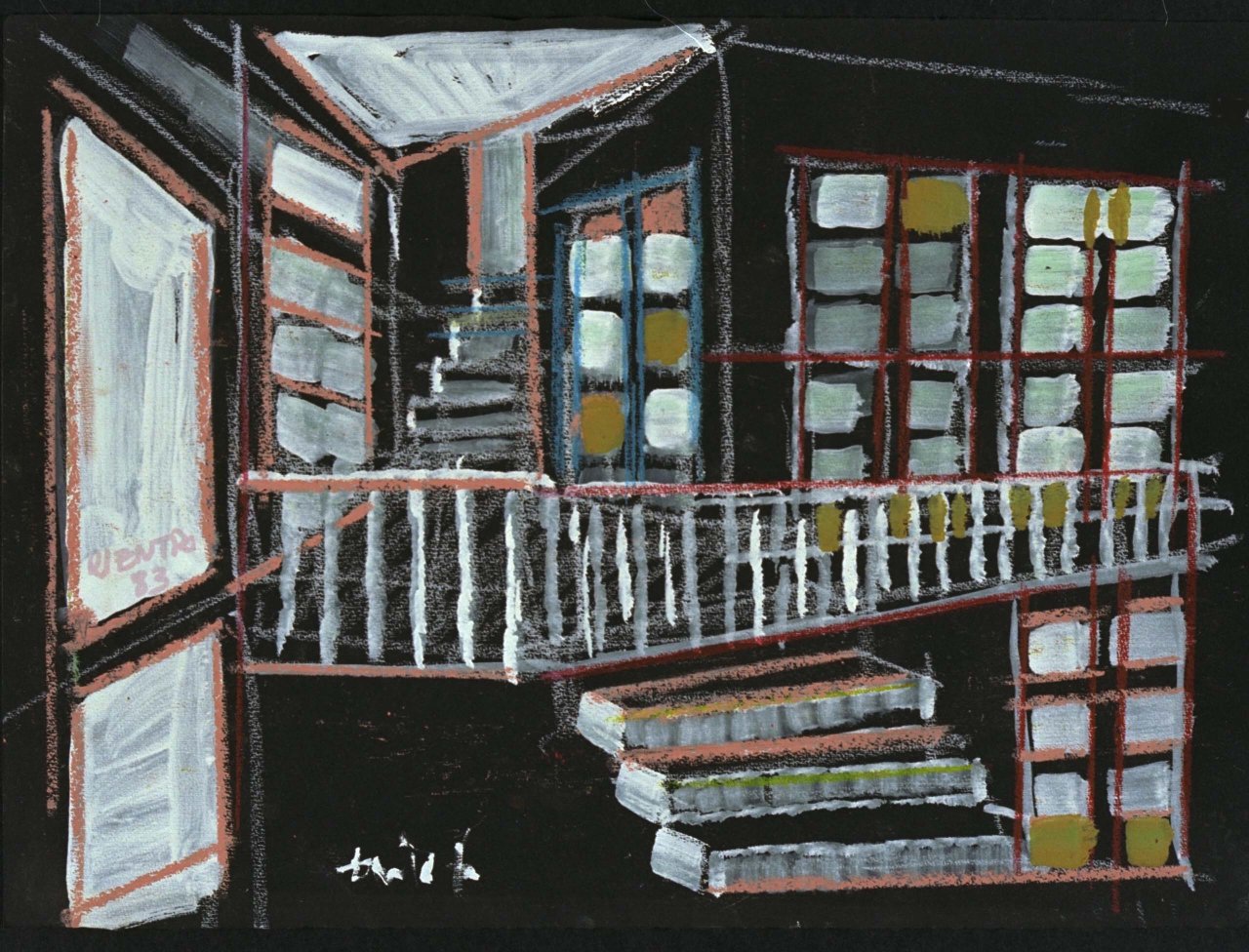 interno di un edificio: scala con corridoio e ringhiera (dipinto) di Fo, Dario (XX)