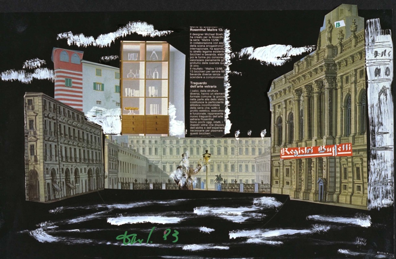 paesaggio urbano: piazza con edifici (collage) di Fo, Dario (XX)