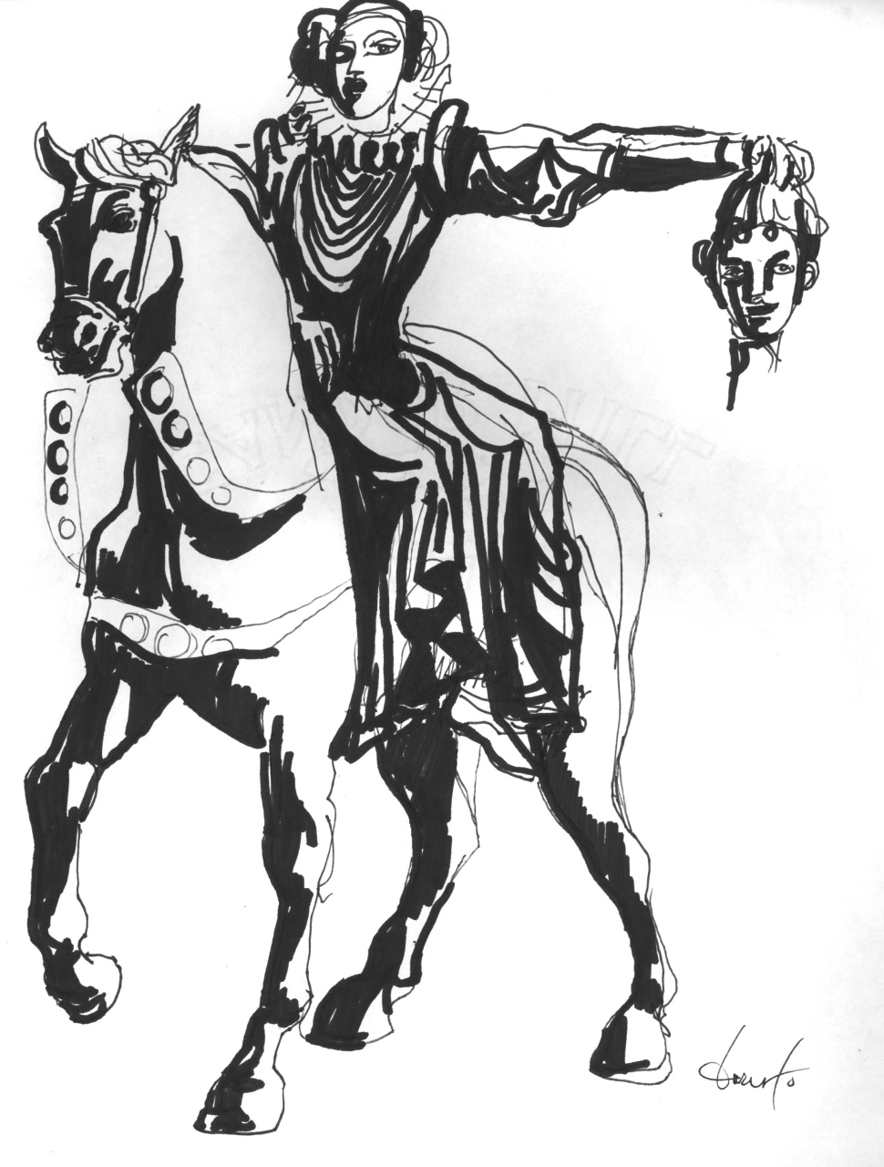 regina Elisabetta I d'Inghilterra a cavallo e testa d'uomo decapitata (disegno) di Fo, Dario (XX)