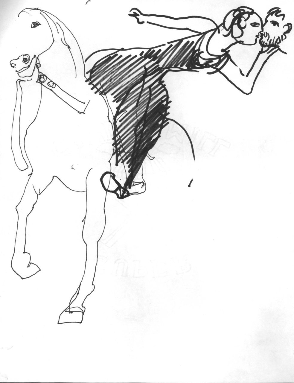 regina Elisabetta I d'Inghilterra a cavallo bacia il suo amante, studio per manifesto (disegno) di Fo, Dario (XX)