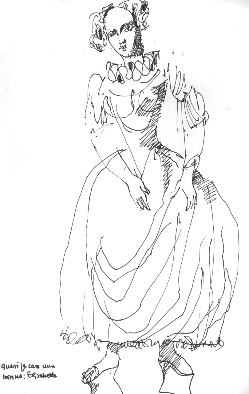 figurino per costume di scena, femminile (disegno) di Fo, Dario (XX)