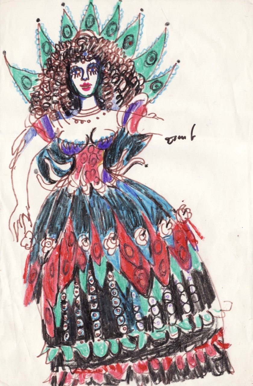 Costume della regina Elisabetta I d'Inghilterra, figurino per costume di scena, femminile (disegno) di Fo, Dario (XX)