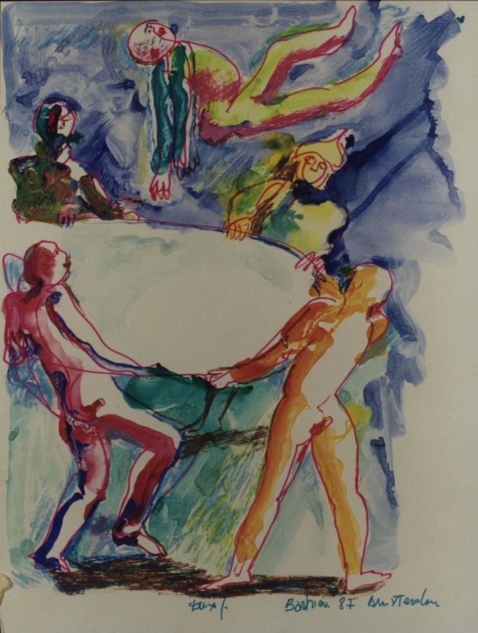 Il gioco del pupazzo sballottato sul lenzuolo, studio di figure per azione scenica (dipinto) di Fo, Dario (XX)