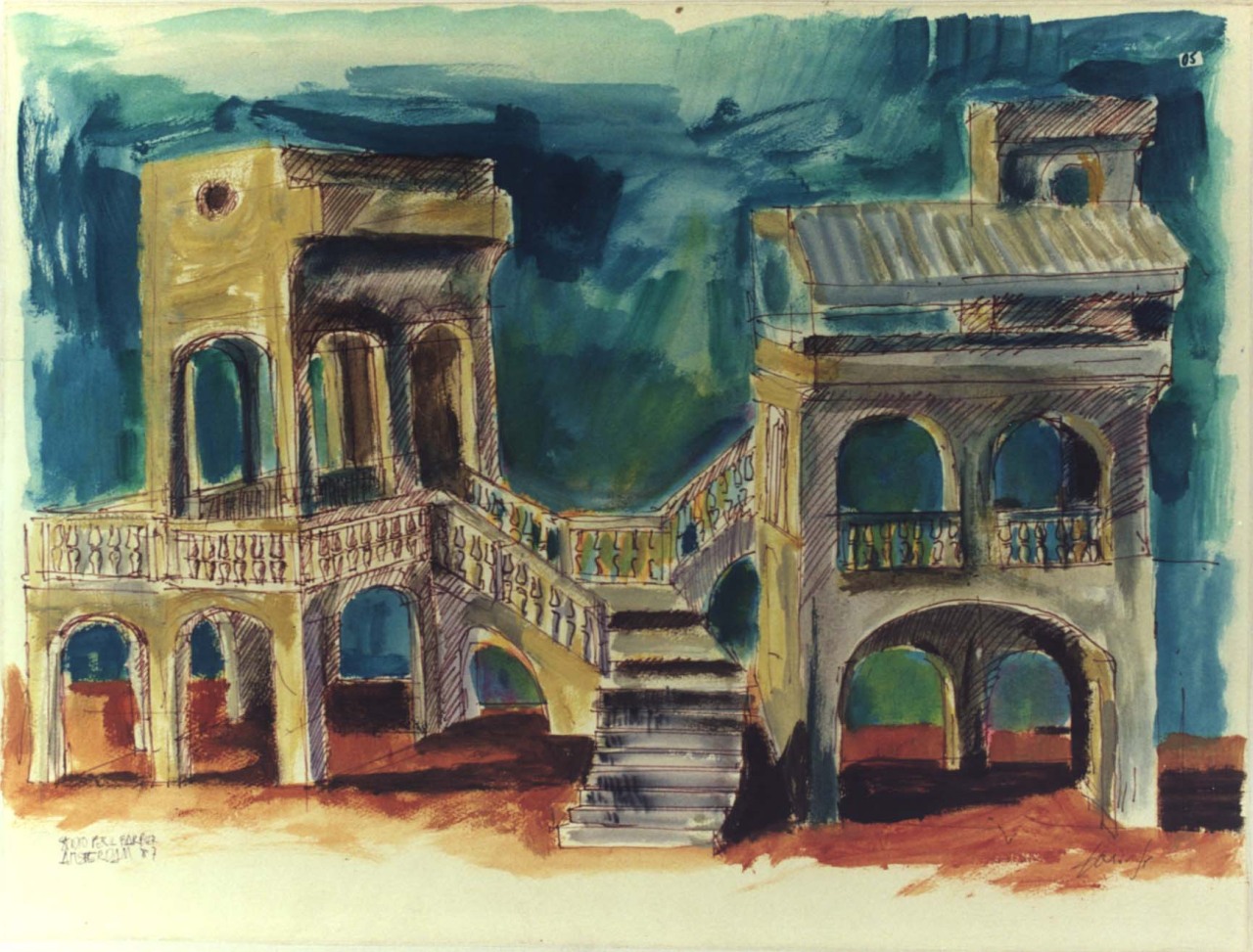 Studio per il Barbiere di Siviglia, studio per scenografia teatrale, casa di don Bartolo nella città di Siviglia (dipinto) di Fo, Dario (XX)