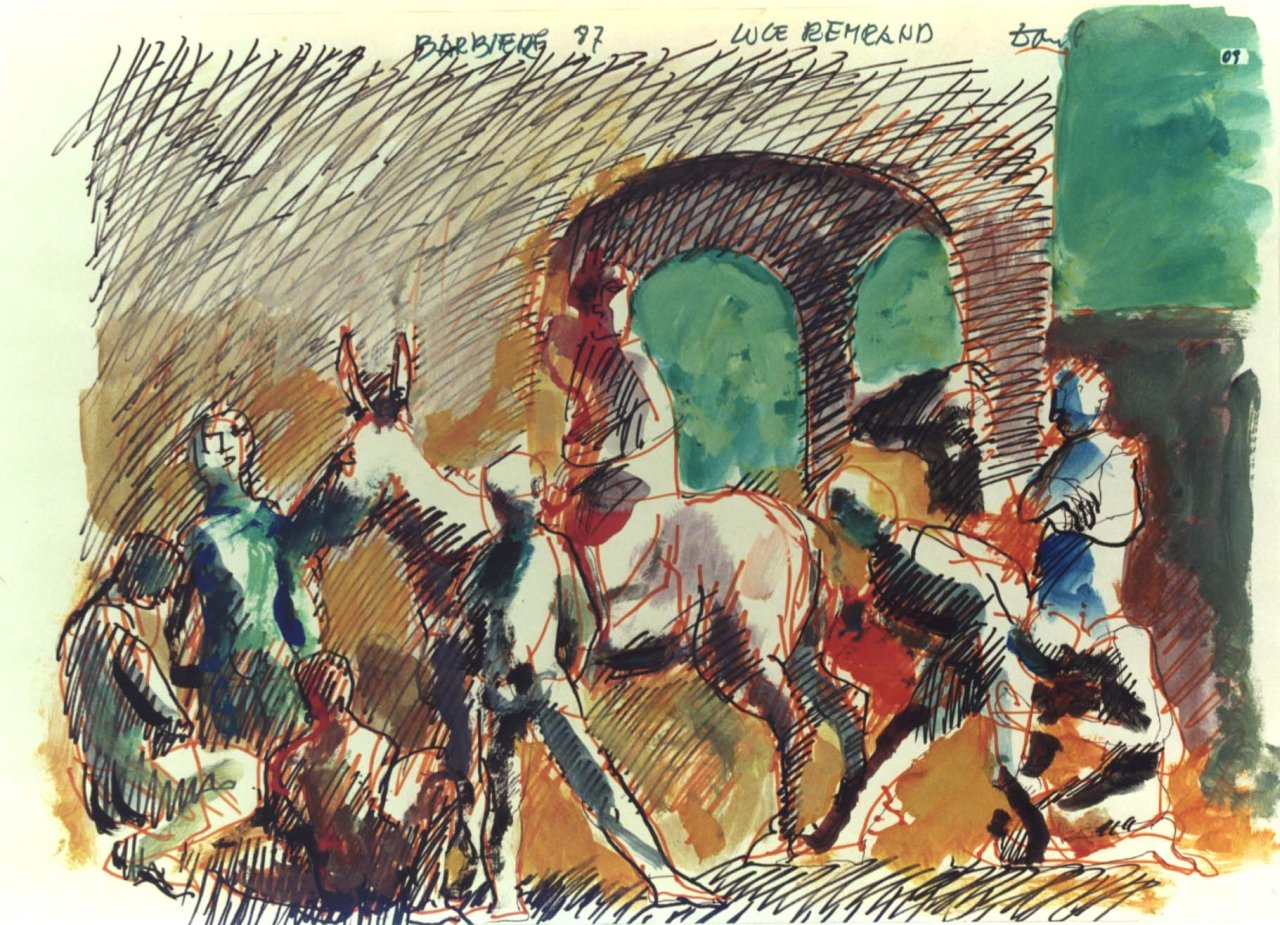 Barbiere, luce Rembrandt, studio di figure per azione scenica (dipinto) di Fo, Dario (XX)