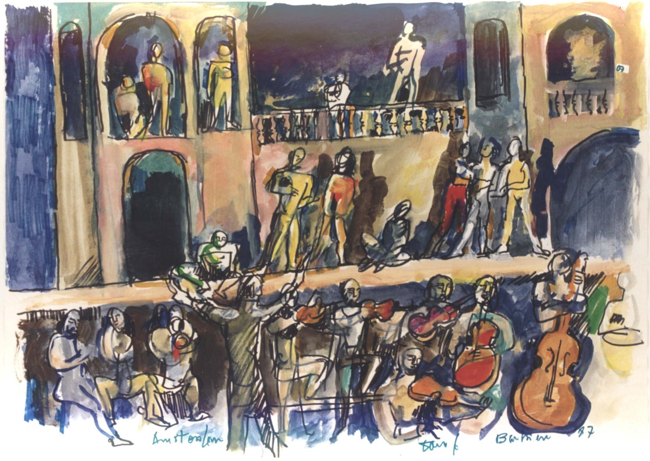 Barbiere, ouverture con orchestra e mimi, figure sul palcoscenico e orchestra (dipinto) di Fo, Dario (XX)