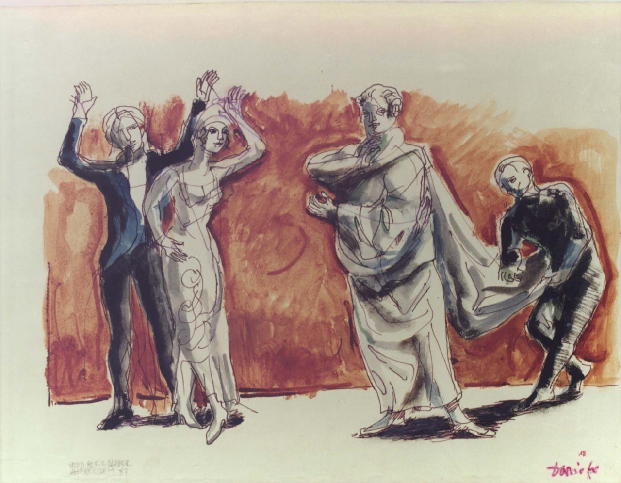 Studio per il Barbiere di Siviglia, studio di personaggi per azione scenica, Rosina e don Bartolo (dipinto) di Fo, Dario (XX)