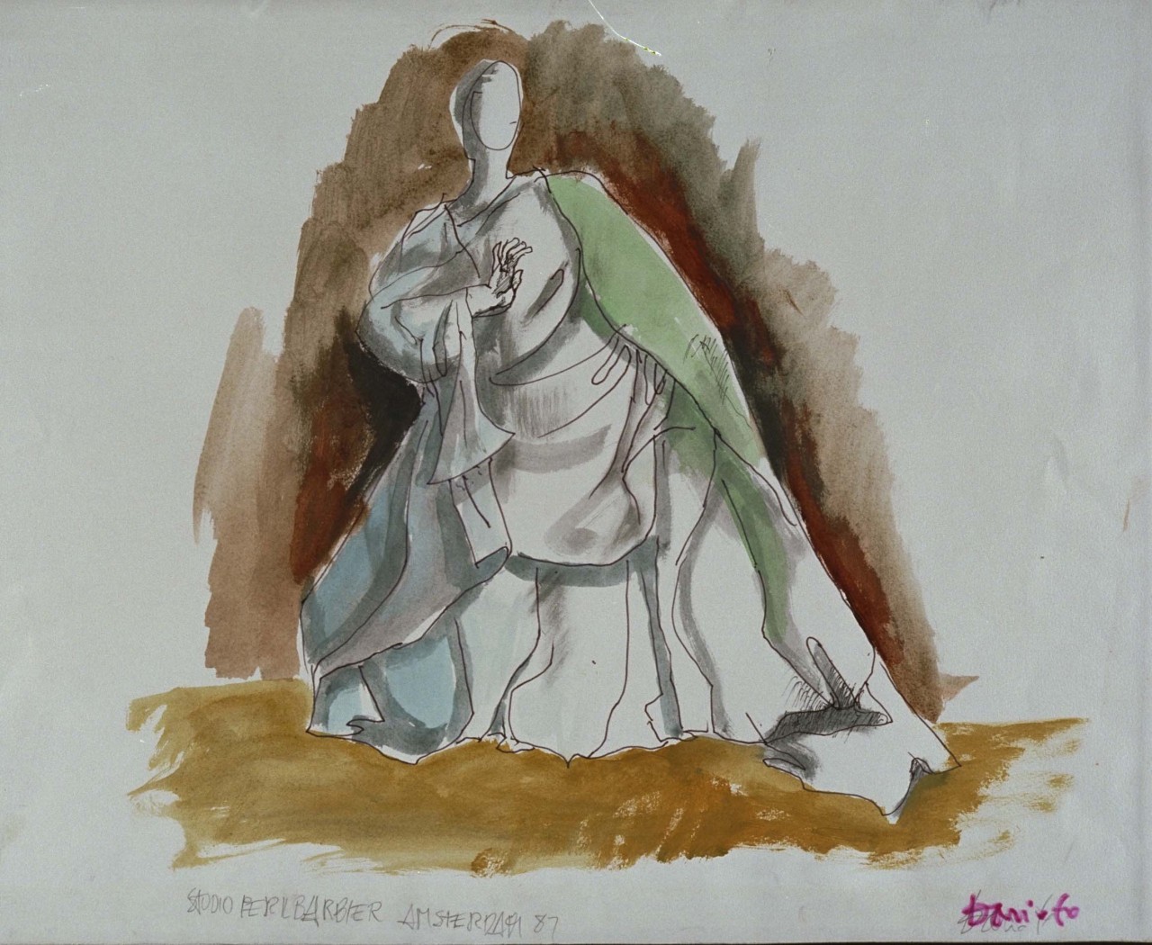 Il barbiere di Siviglia, figura in costume di scena femminile (disegno) di Fo, Dario (XX)