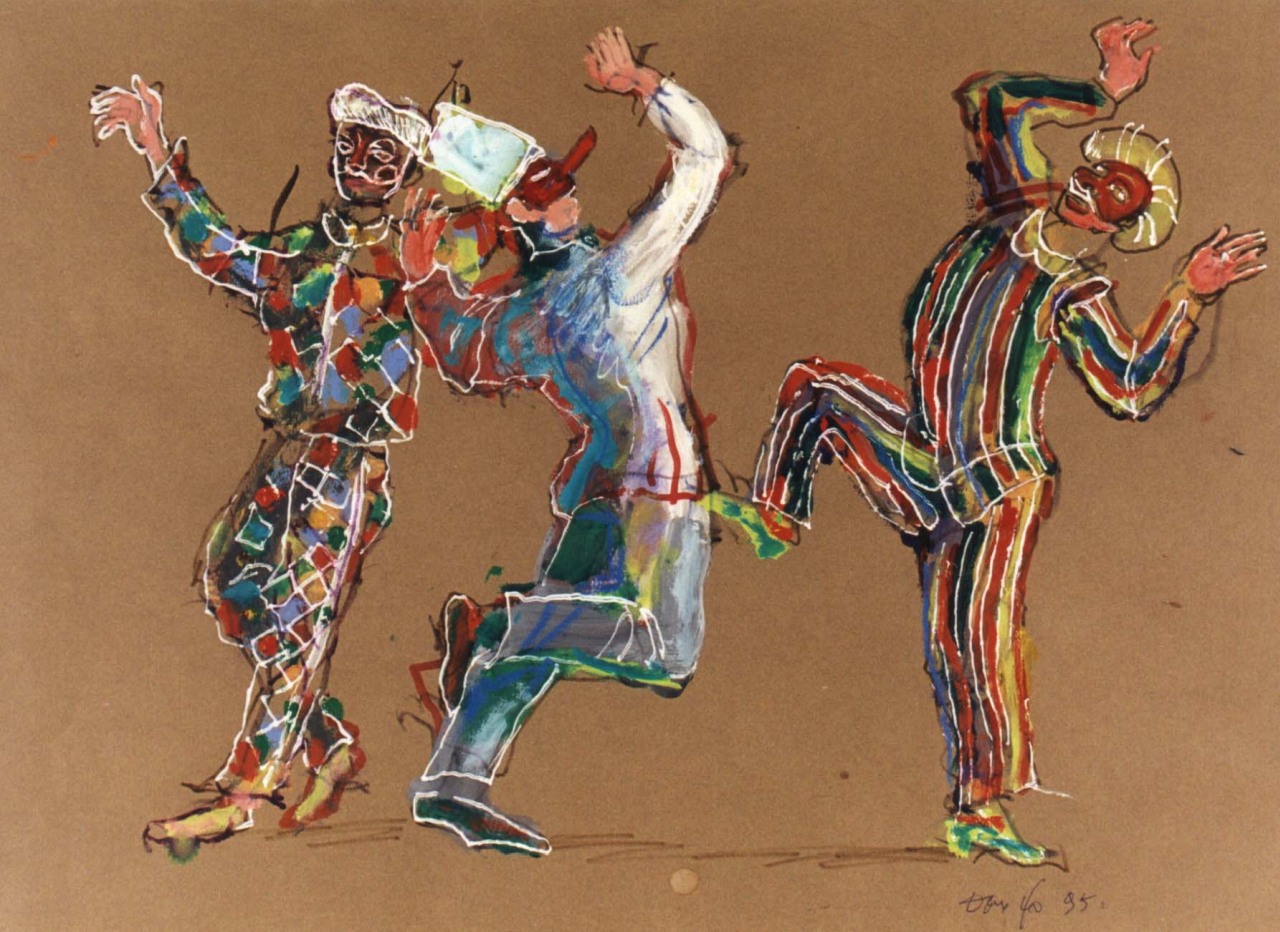Arlecchino, Razzullo e Sarchiapone, figure maschili in costume eseguono una danza (dipinto) di Fo, Dario (XX)