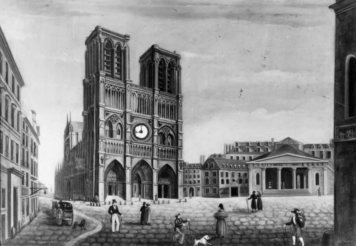 veduta della cattedrale di Notre Dame a Parigi (dipinto con orologio) di Villa Andrea (sec. XIX)