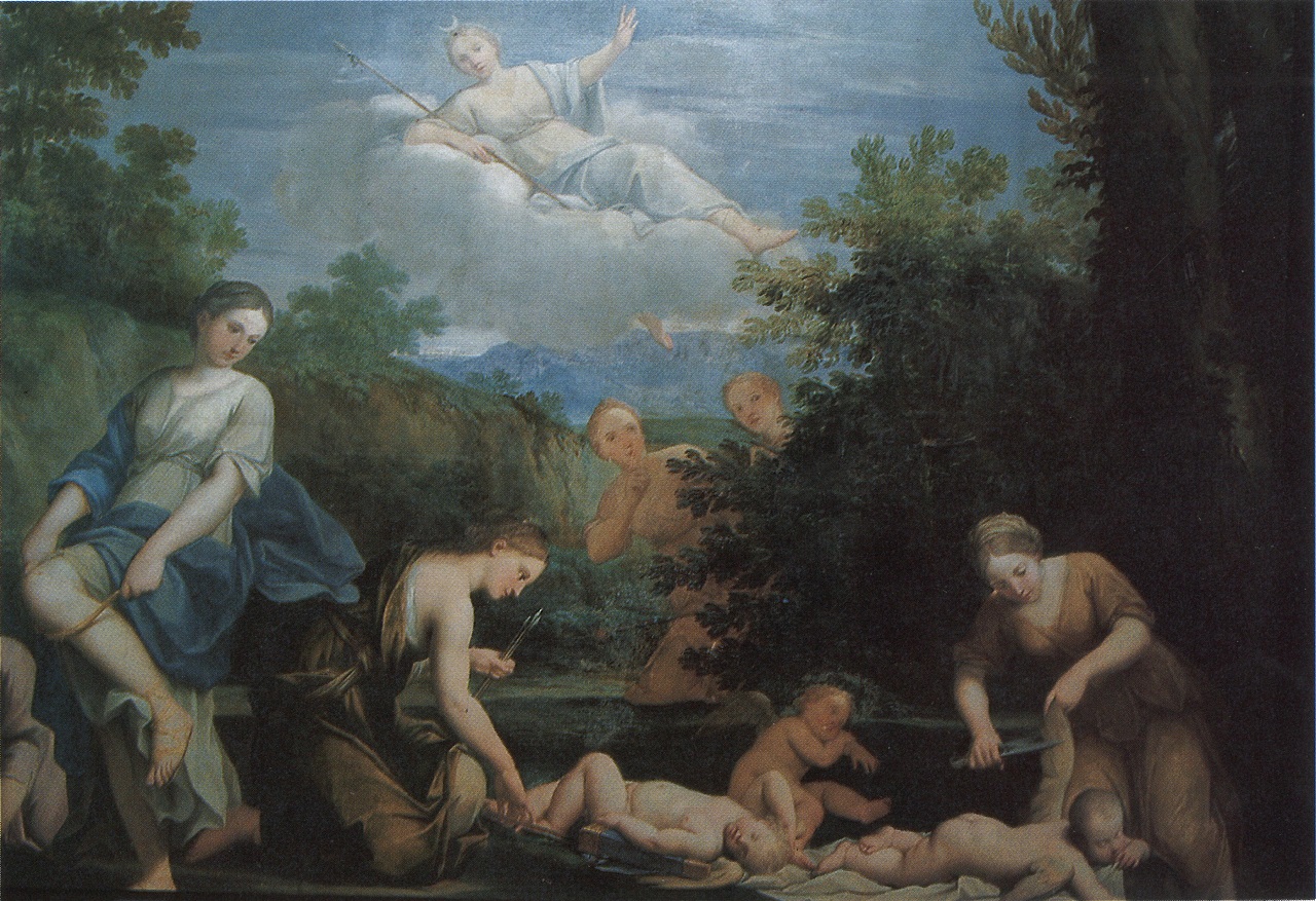 le ninfe di Diana disarmano gli amorini, Diana cacciatrice con le ninfe (sovrapporta, opera isolata) di Franceschini Marcantonio (sec. XVIII)