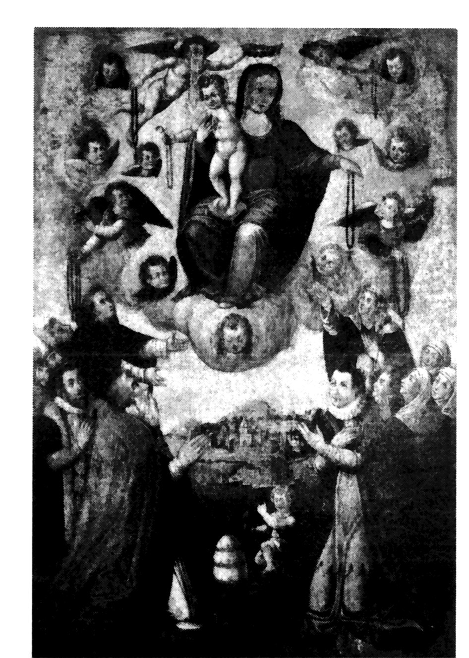 Madonna del Rosario con S. Domenico, S. Caterina e committenti (dipinto) - ambito siciliano (XVI)