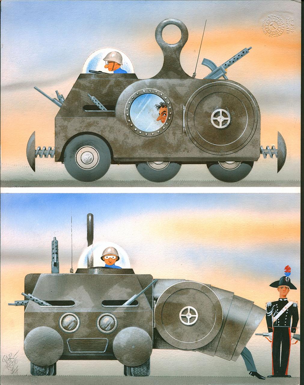 Auto antisequestro, Carro armato, carabiniere (collage) di Garretto Paolo (sec. XX d.C)