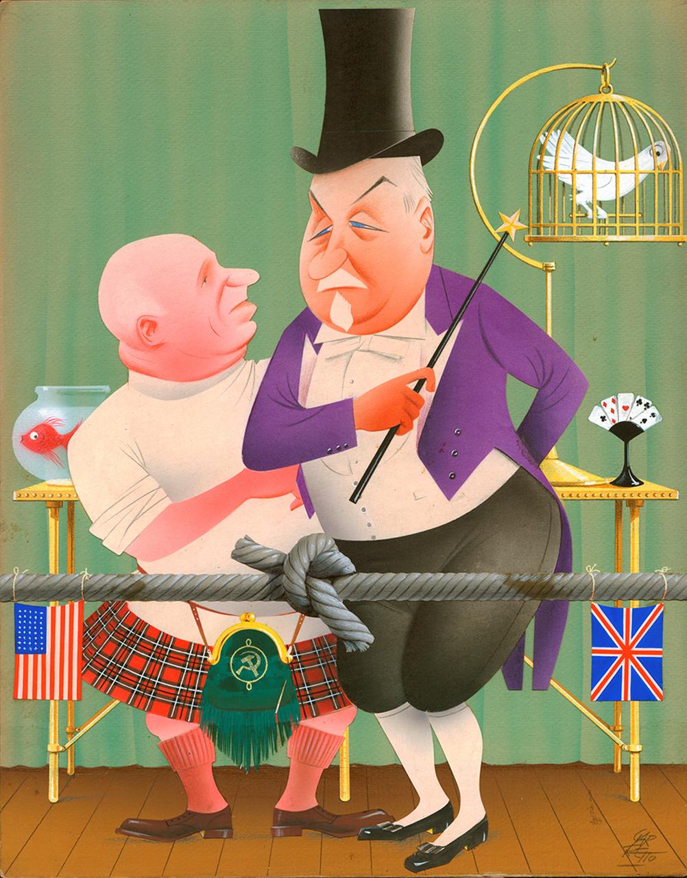 Kruscev al prestigiatore Bulganin: niente da fare.., Kruscev, Bulganin (collage) di Garretto Paolo (sec. XX d.C)