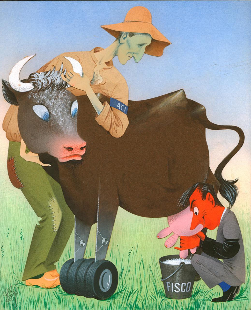 La mucca, Mucca, allevatore, politico (collage) di Garretto Paolo (sec. XX d.C)