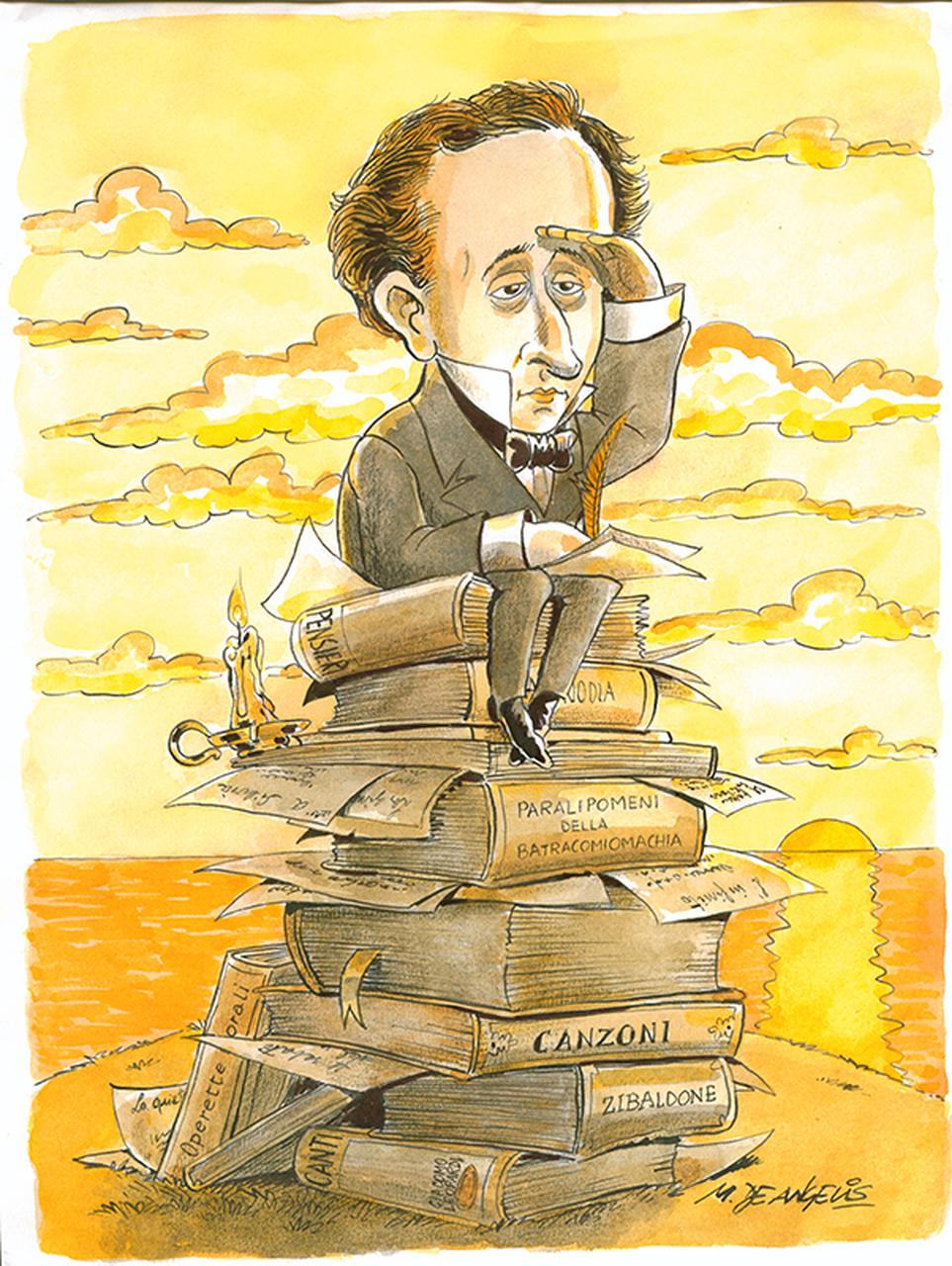 S.T, Giacomo Leopardi, libri (disegno) di De Angelis Marco (sec. XX d.C)