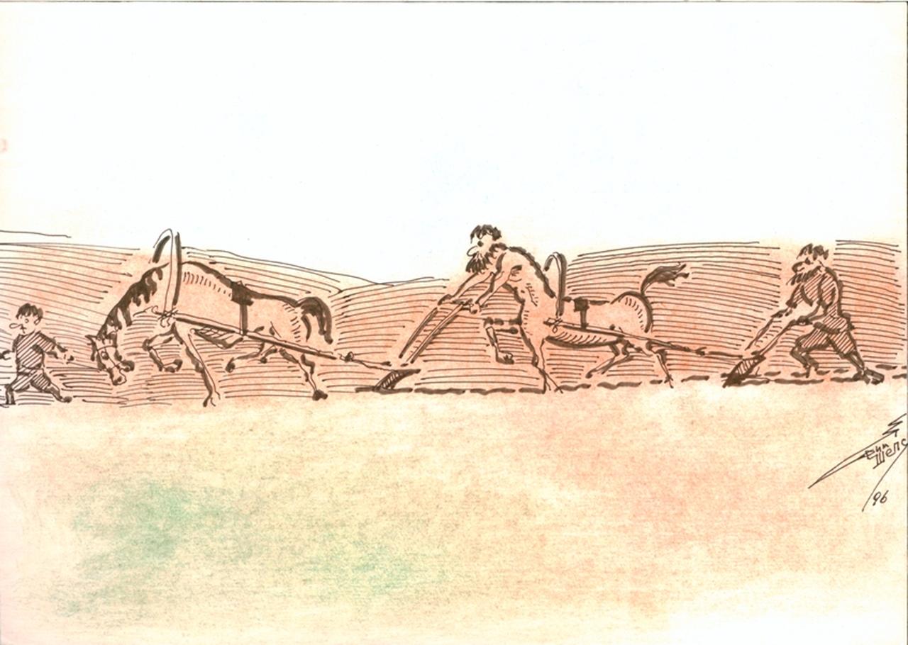Ploughed, Bambino, cavallo, centauro, uomo (disegno) di Sheps Yefim (sec. XX d.C)