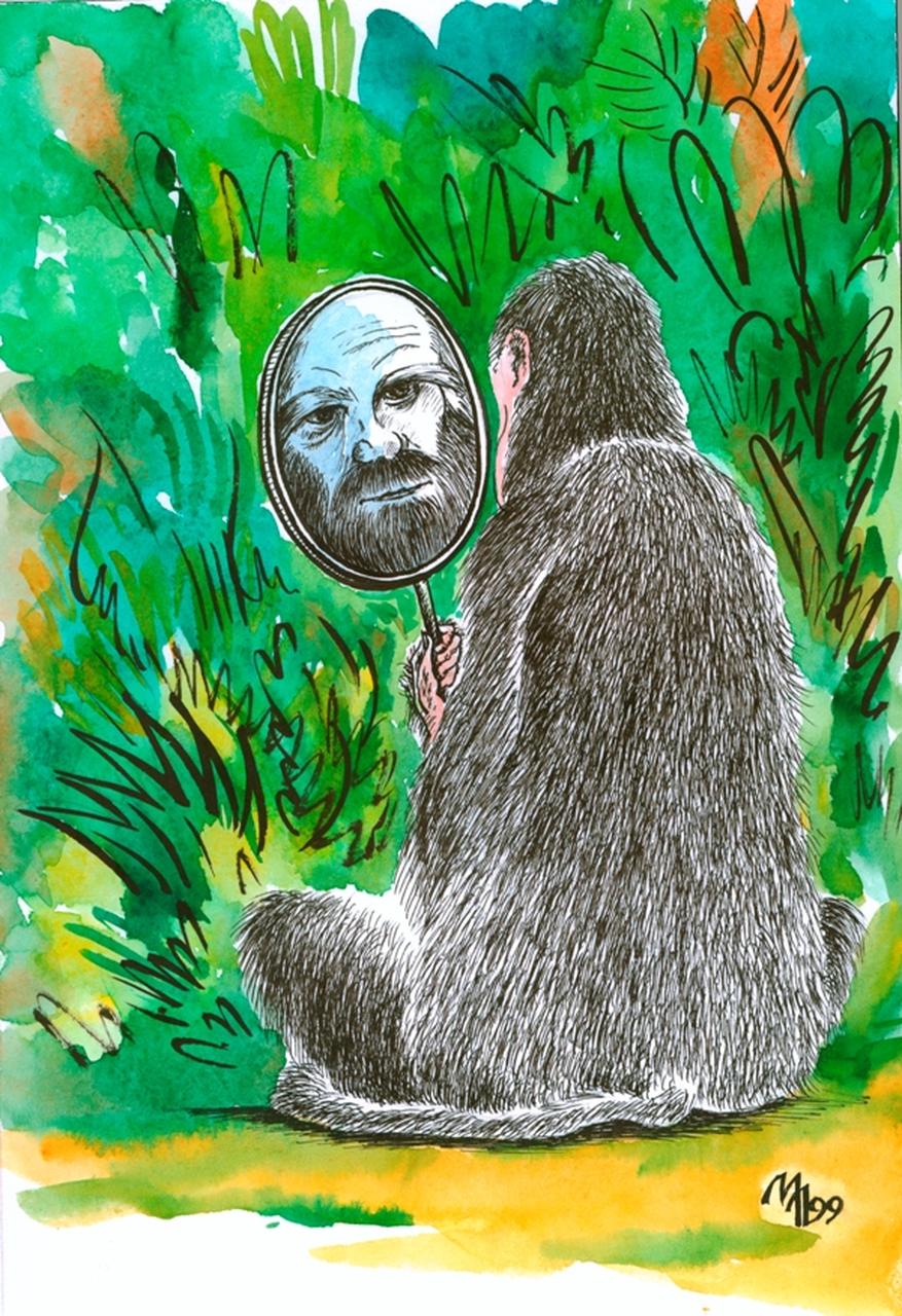 Charles Darwin, Scimmia, specchio (disegno) di Melnik Leonid (sec. XX d.C)