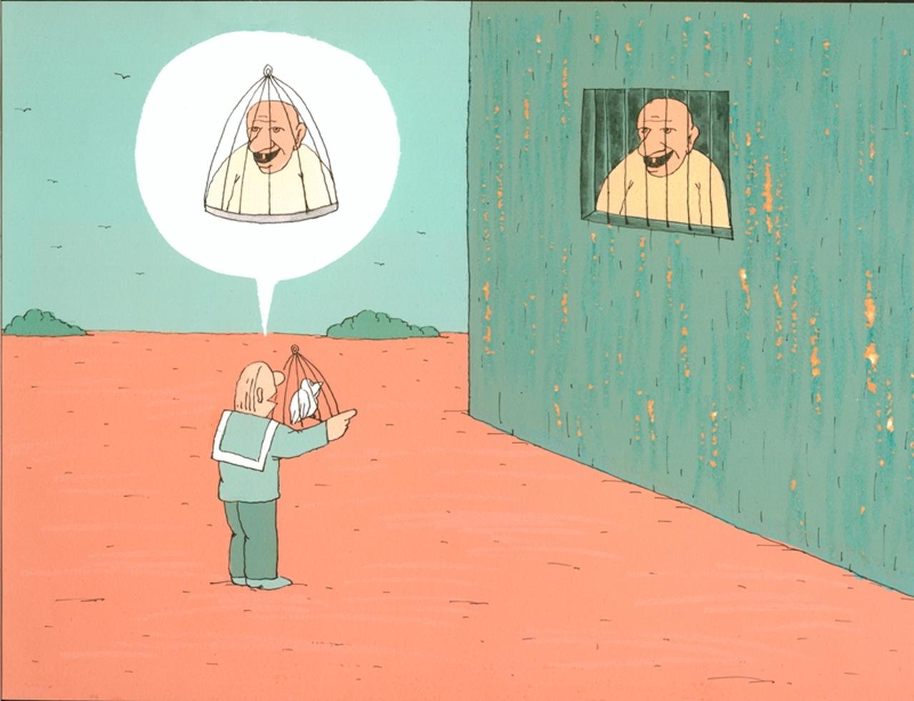 S.T, Uomo, uccello, gabbia, carcerato (disegno) di Sokolov Aleksandr (sec. XX d.C)