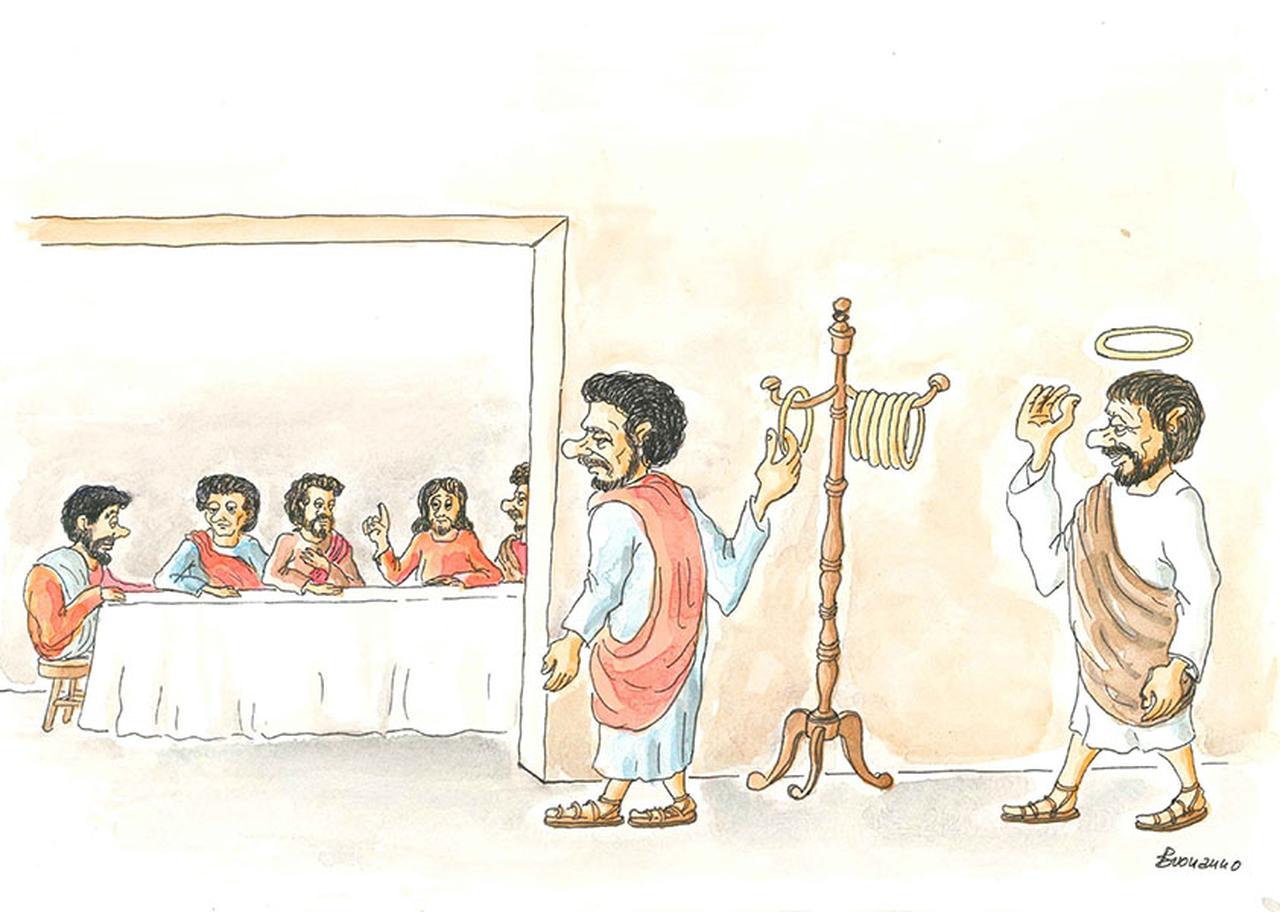 Ultima cena, Ultima cena, apostoli, aureole (disegno) di Buonanno Ennio (sec. XX d.C)