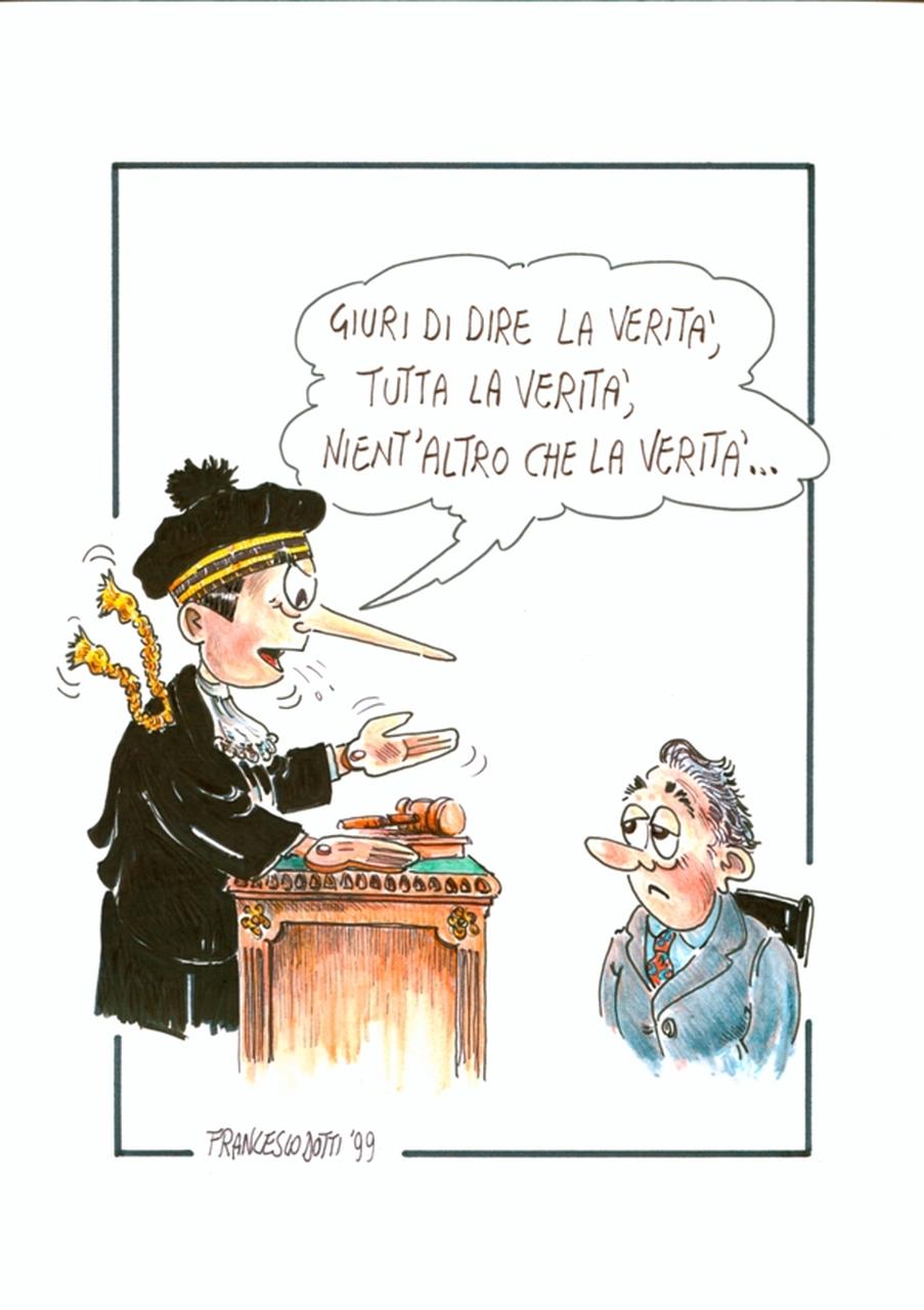 Dica la verità!, Giudice, Pinocchio, imputato (disegno) di Dotti Francesco (sec. XX d.C)