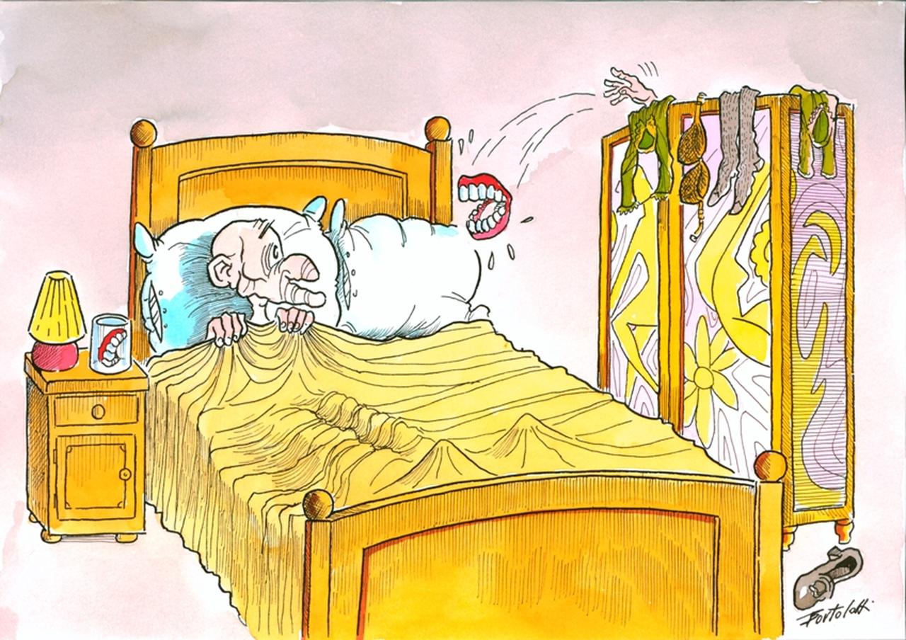 Sesso datato, Anziani, letto, dentiera (disegno) di Bortolotti Aldo (sec. XX d.C)