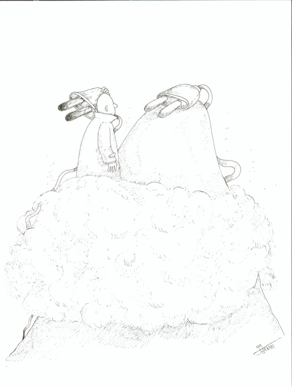 E adesso?, Uomo, montagna, spina elettrica (disegno) di Taddei Paolo Maria (sec. XX d.C)