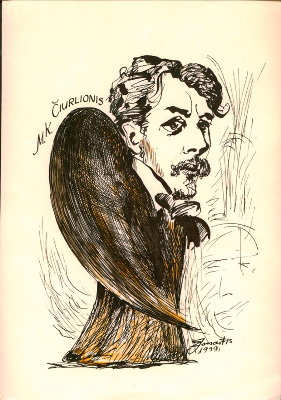 M.K. Čiurlionis, Mikalojus Konstantinas Čiurlionis (disegno) di Zenonas Jonaitis (sec. XX d.C)