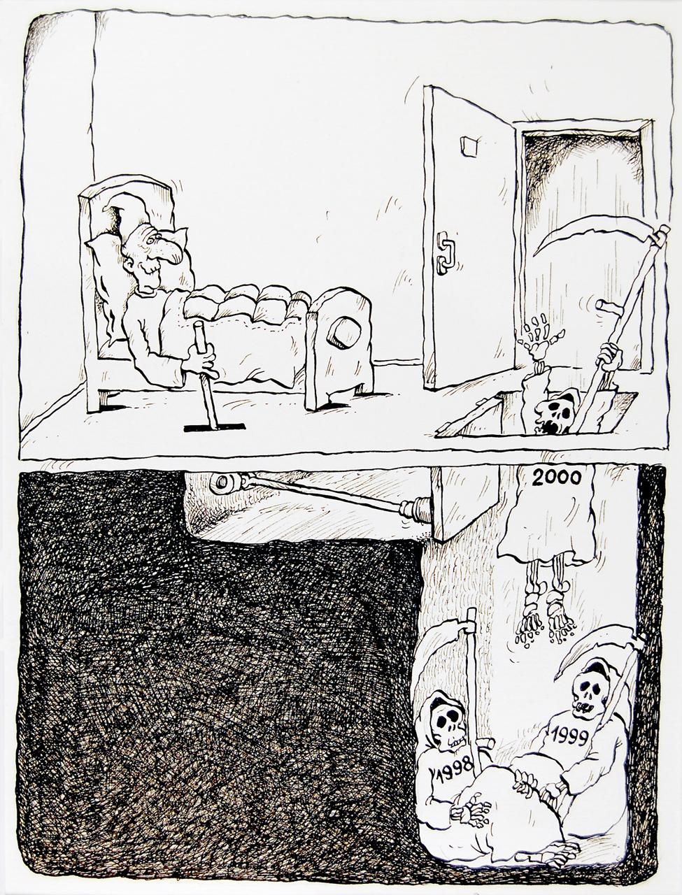 Senza parole, Uomo malato, morte (disegno) di Vartchenko Igor (sec. XX d.C)