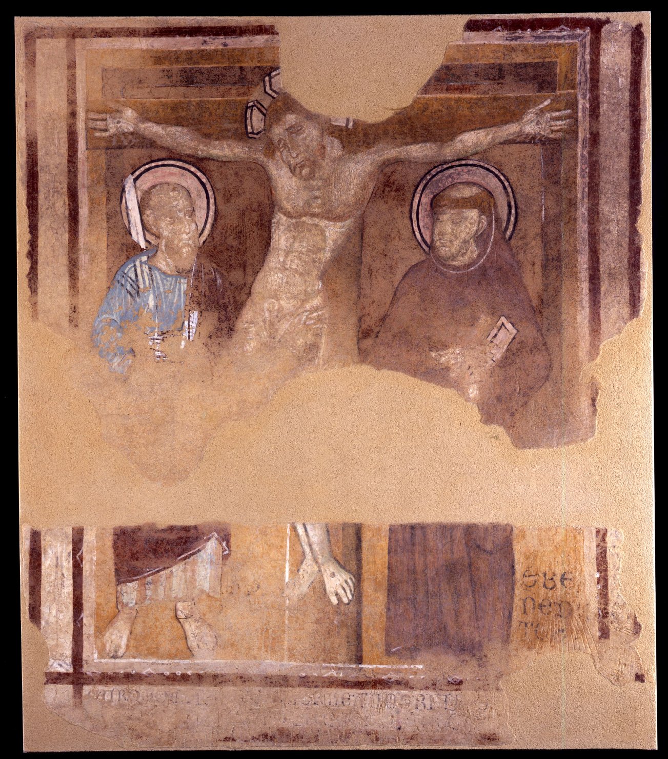 Cristo crocifisso tra San Paolo e San Benedetto (dipinto, opera isolata) di Maestro di Montelabate (attribuito) (sec. XIII)