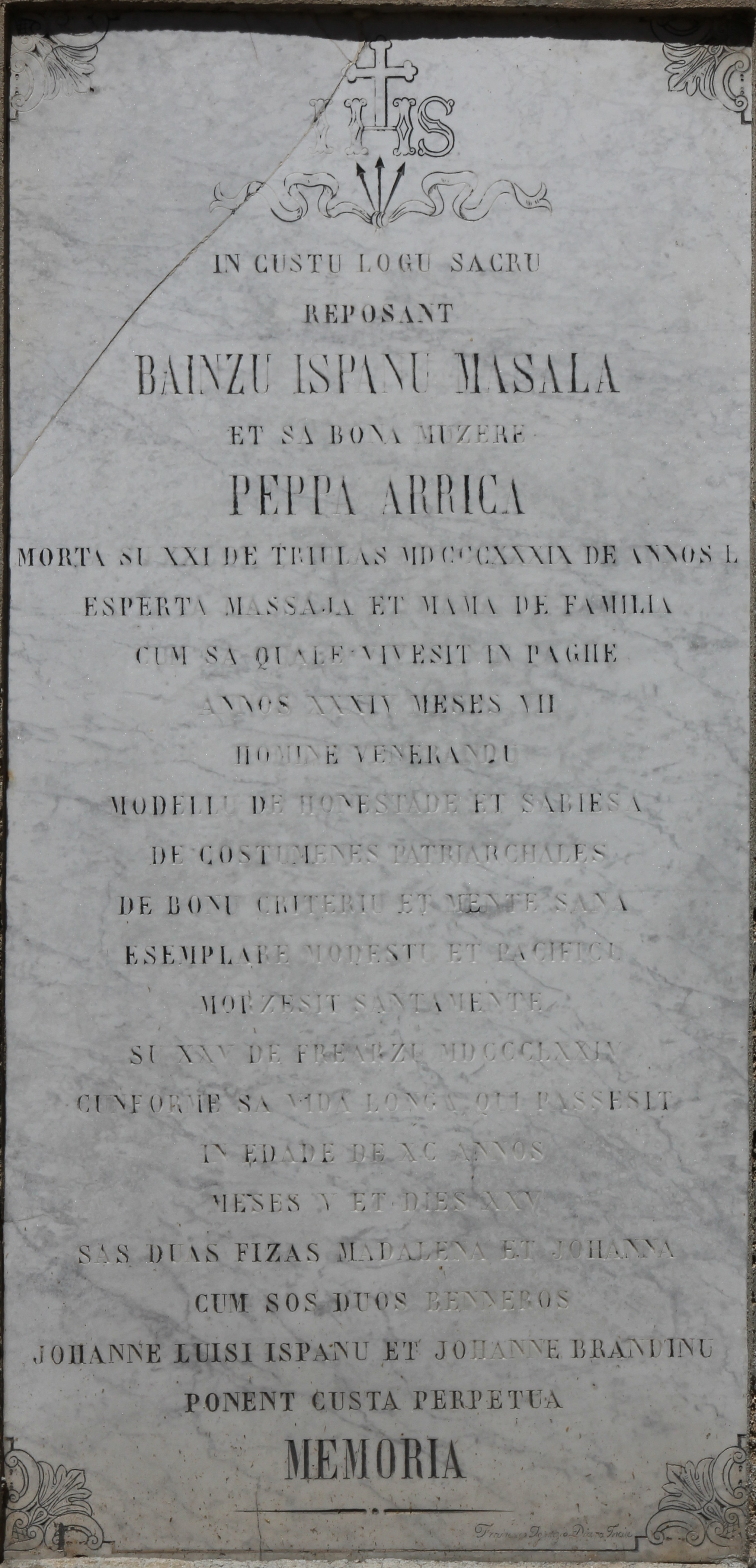 Cristogramma (lapide tombale, opera isolata) di Diana Francesco Ignazio (terzo quarto XIX)