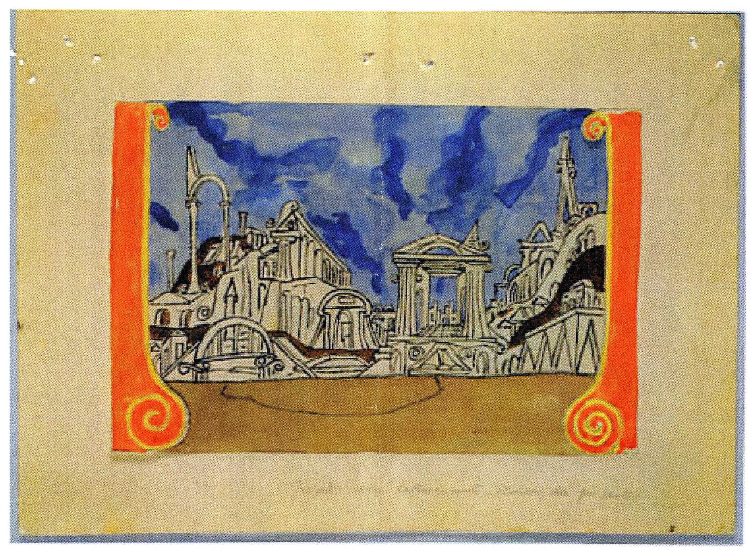 La costruzione di Tebe, scena con veduta classica (dipinto) di De Chirico Giorgio (prima metà sec. XX)