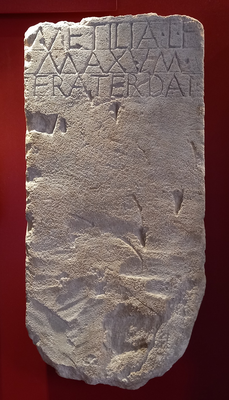 stele a disco, (Iscrizione funeraria) Metilia L.f. Maxum - bottega lapidaria adriese (sec. I a.C)