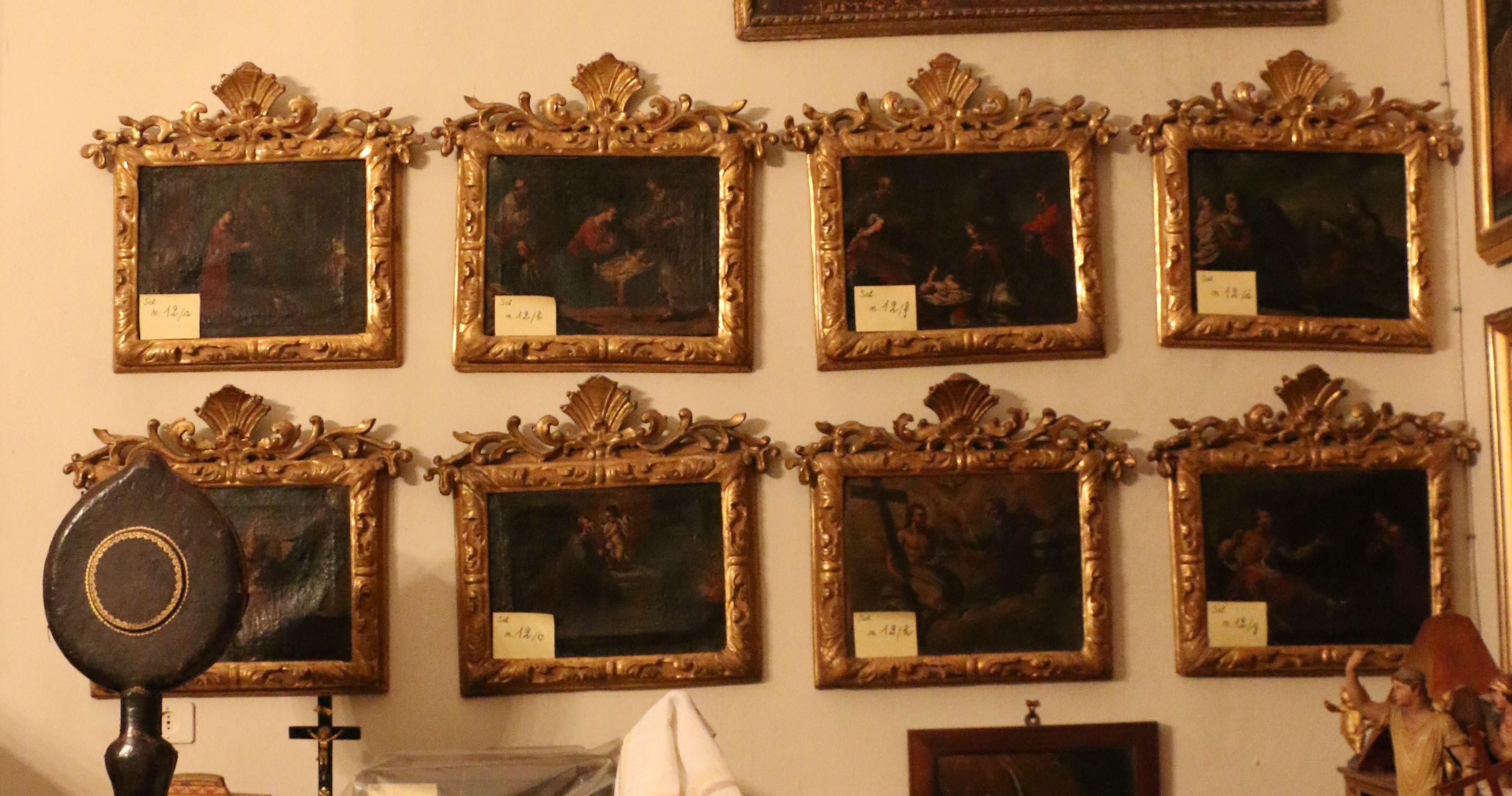 Sposalizio di Maria, Natività di Gesù, Adorazione di Gesù Bambino, San Giuseppe adora Gesù Bambino, Riposo nella Fuga in Egitto, Presentazione di Gesù al tempio, Morte di Giobbe, Trinità (dipinto, insieme) - ambito romagnolo (XVIII)