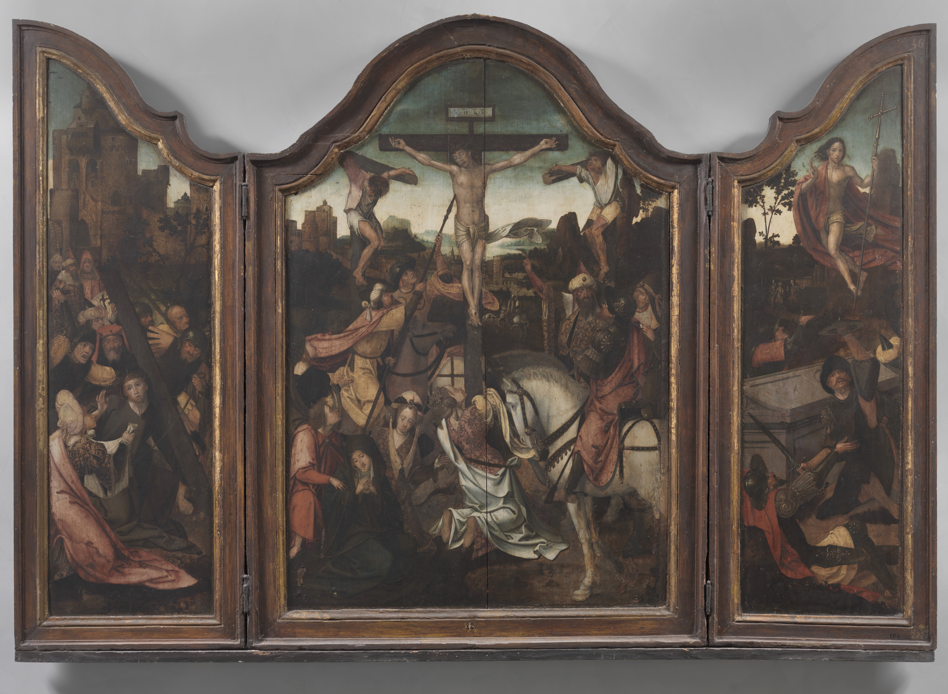 salita al calvario resurrezione e crocifissione, salita al calvario resurrezione e crocifissione (dipinto, opera isolata) di ignoto pittore fiammingo (scuola) (primo quarto XVI)