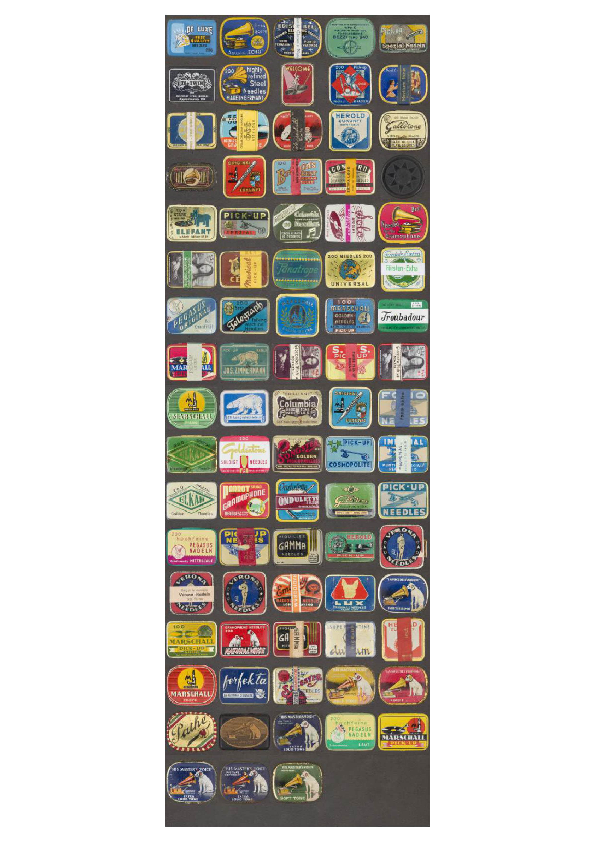scatola per puntine fonografiche di Prym, Bezzi, Britain's best, Cetra, Columbia, Concord Gramophone, De Luxe, Durium, Echo, Edison Bell Electric, Elefant, Elkah, Embassy, Fonatrope, Fono Extra, Fursten-Extra, Gallotone, Gamma, Gog & Baby, Goldentone, Herold, His Master's Voice, La Voce del Padrone, Marschall, Natural Voice, Ondulette, Parrot, Pathé, Pegasus, Perfekta, Cosmopolite, S.S.S. Fursten, Eisbar, Solo, Songster, Telegraph, The Twin, Troubadour, Universal, Verona, Welcome (prima metà XX)