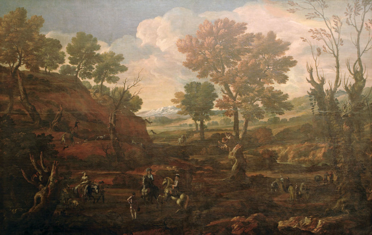 paesaggio con caccia (dipinto) di Giusti Antonio, Onofri Crescenzio (sec. XVIII)