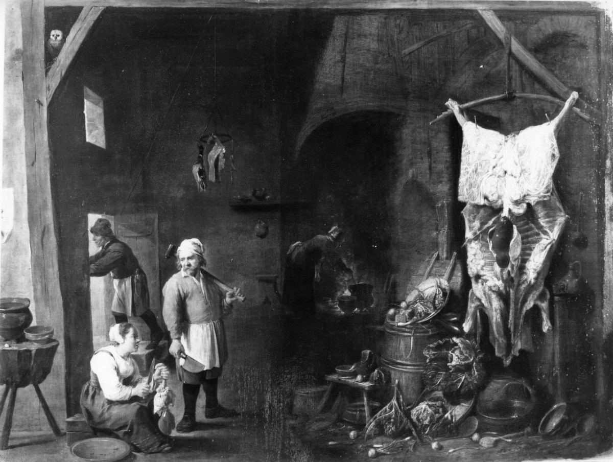 interno di macelleria (dipinto) di Teniers David il Giovane (sec. XVII)