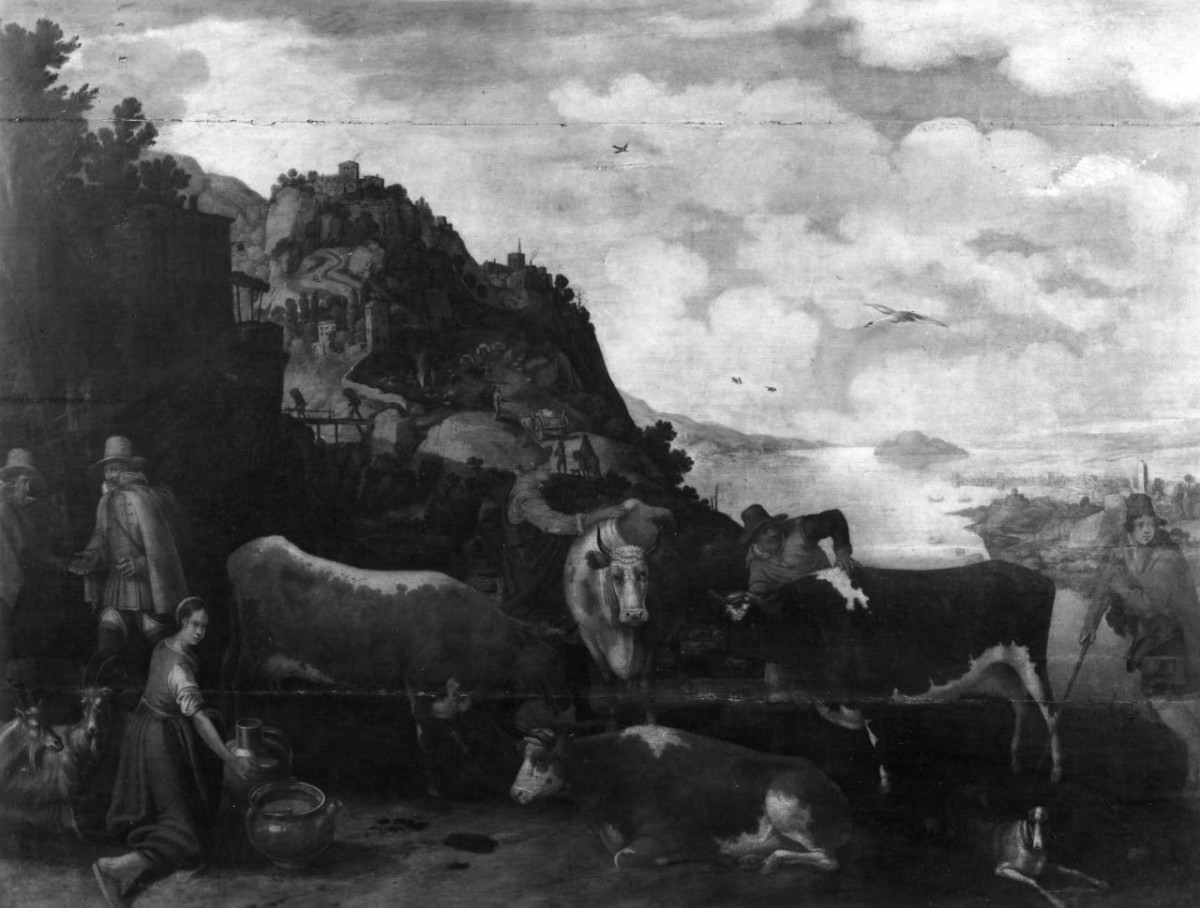contadini e mucche (dipinto) di Van Nieulandt Willem (attribuito) (sec. XVII)