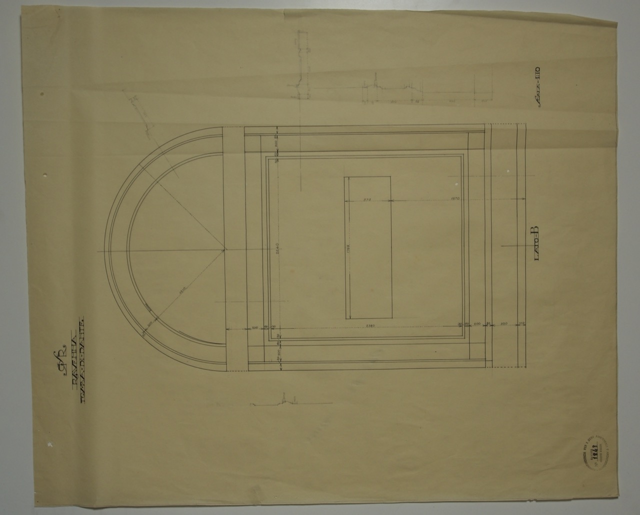 disegno architettonico, Prospetto del lato B della tomba di Dante di Ravenna di Anonimo italiano (XX)