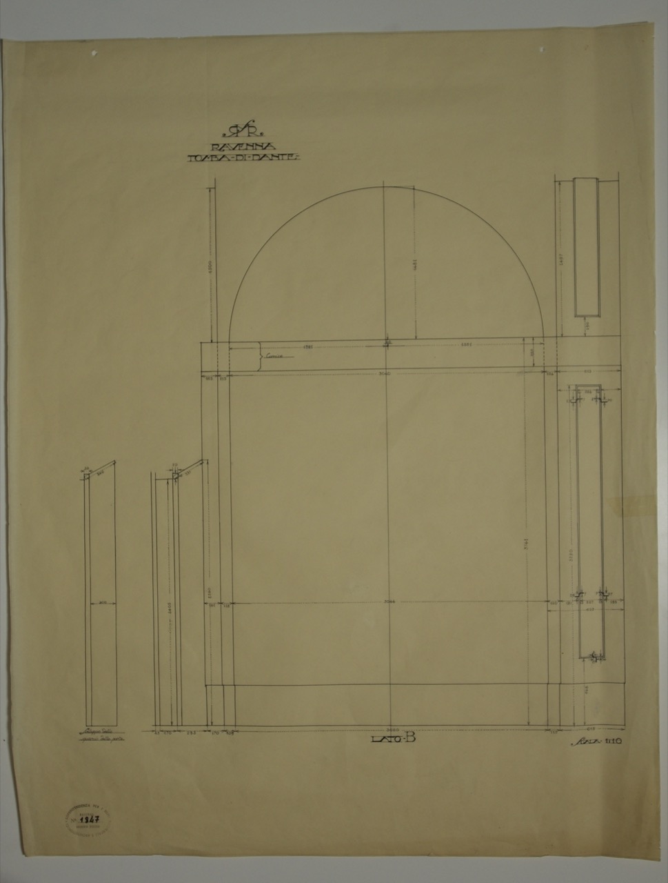 disegno architettonico, Prospetto del lato B della tomba di Dante di Ravenna di Anonimo italiano (XX)