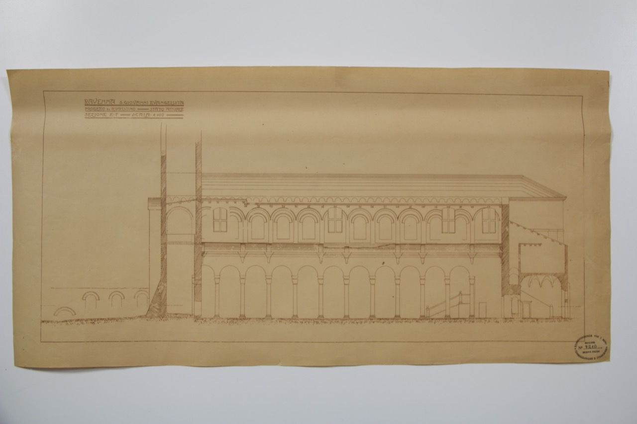 stampa fotomeccanica, Sezione verso la navata destra della basilica di San Giovanni Evangelista di Ravenna per il progetto di ripristino di Anonimo italiano (XX)