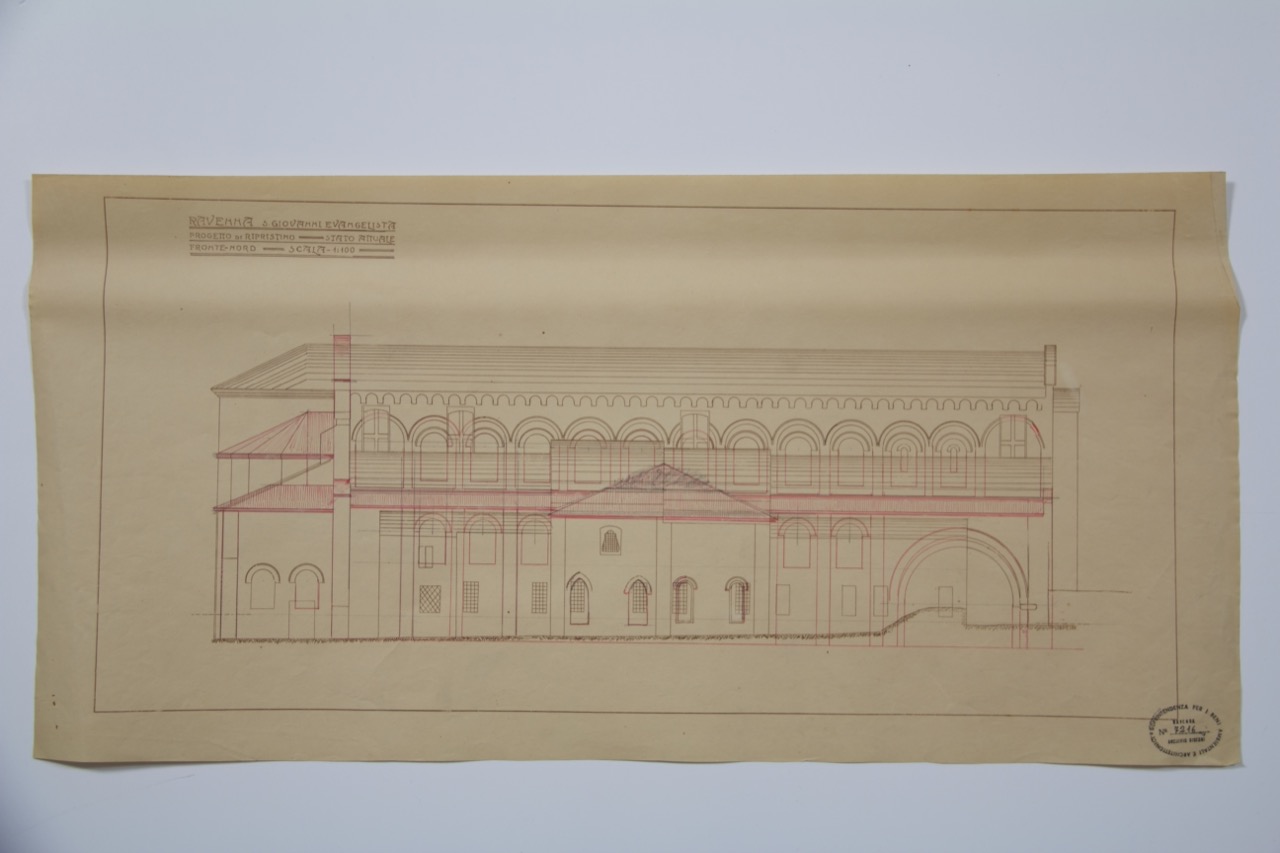disegno architettonico, Facciata nord e sezione della basilica di San Giovanni Evangelista di Ravenna per il progetto di ripristino di Anonimo italiano (XX)