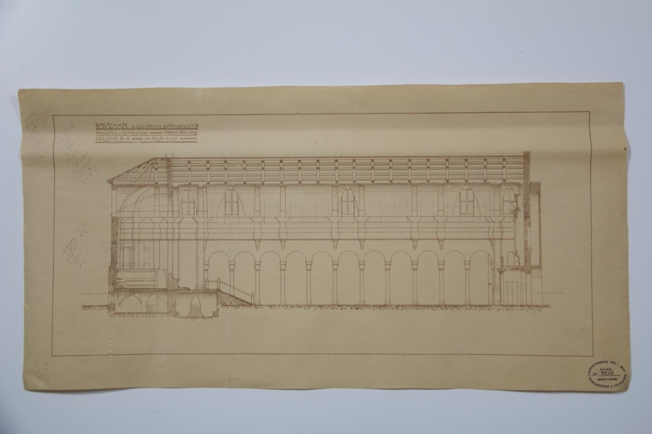 disegno architettonico, Sezione verso la navata sinistra della basilica di San Giovanni Evangelista di Ravenna per il progetto di ripristino di Anonimo italiano (XX)