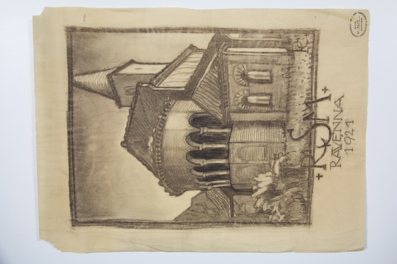 disegno architettonico, Veduta prospettica dell'esterno dell'abside della basilica di San Giovanni Evangelista di Ravenna di Polli, Carlo (XX)