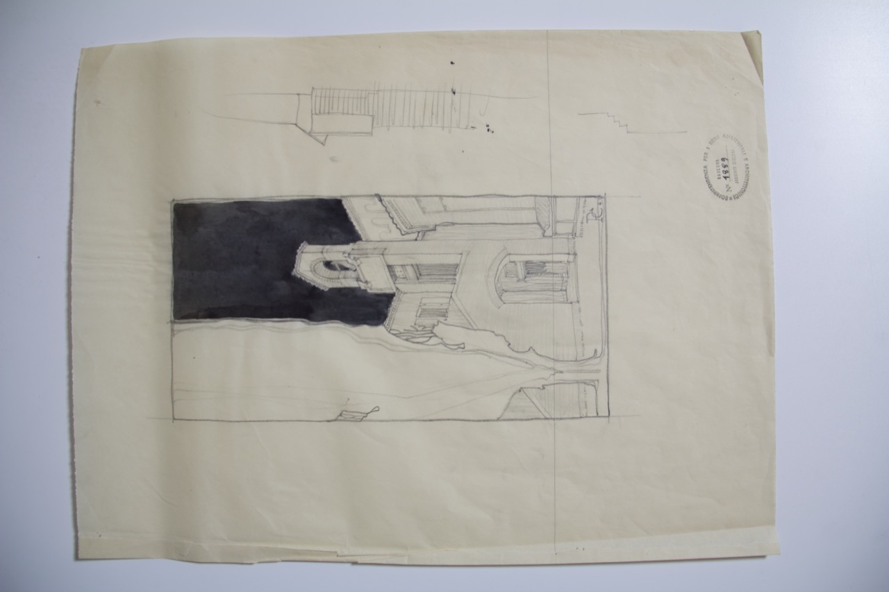 disegno architettonico, Veduta prospettica della sistemazione della campana della zona dantesca di Ravenna di Polli, Carlo (XX)