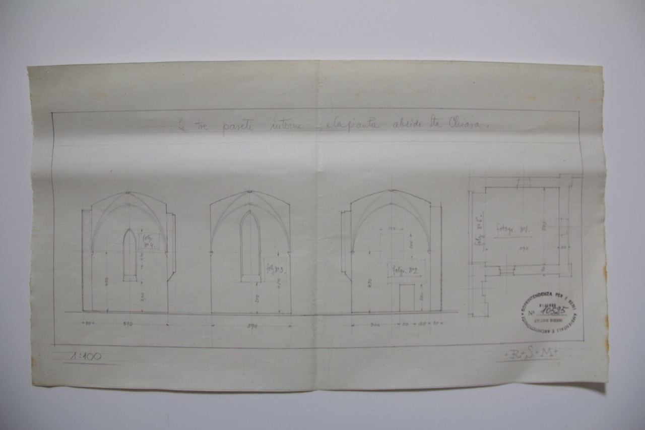 disegno architettonico, Pareti interne e pianta dell'abside quotati della Chiesa di Santa Chiara di Ravenna di Anonimo italiano (XIX)